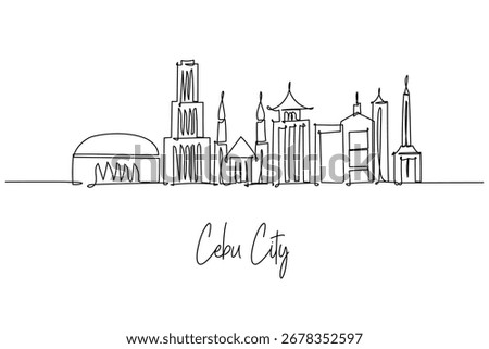Cebu City skyline continuous line drawing with Magellans Cross, Basilica del Santo Nino, Fort San Pedro and Taoist Temple, a cityscape concept for Visayas travel theme and Philippines heritage.

