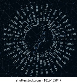 Cebu digital map. Binary rays radiating around glowing island. Internet connections and data exchange design. Vector illustration.