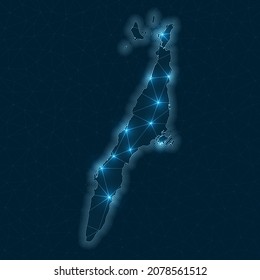 Mapa de la red de Cebú. Mapa geométrico abstracto de la isla. Conexiones digitales y diseño de telecomunicaciones. Red de Internet brillante. Ilustración vectorial atractiva.