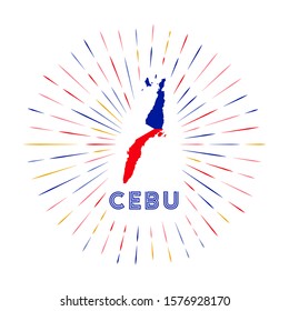 Cebu sunburst badge. The island sign with map of Cebu with Filipino flag. Colorful rays around the logo. Vector illustration.
