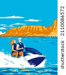 Cedar Bluff State Park with Couple Riding watercraft in Cedar Bluff Reservoir in Kansas 
