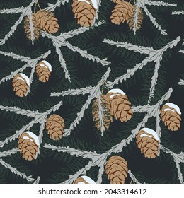 Cedar branch with a cone vector stock illustration. New Year's seamless pattern. For wrapping paper. Ideal for wallpaper, surface textures, textiles.