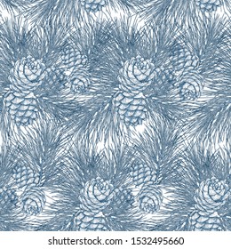 Cedar branch with cones seamless pattern. Vector illustration in engraving technique. Isolated on white background.