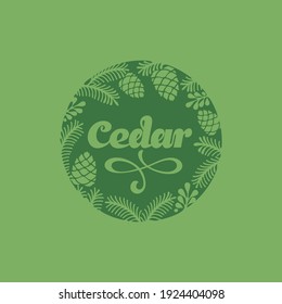 Cedar cone on a branch with the inscription "Cedar"