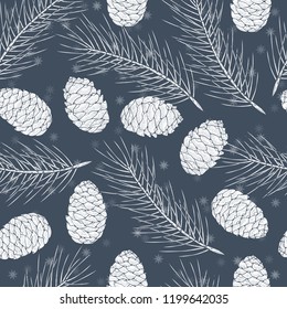Cedar. Cones, branches, needles. Snowflakes. Dark background. Wallpaper, seamless texture. Can be used for New Year, Christmas. Template.