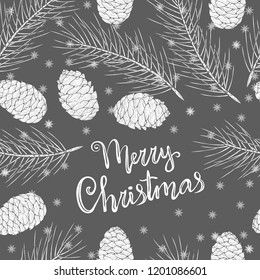 Cedar. Cones, branches, needles. Snowflakes. Dark background. Wallpaper, seamless texture. Can be used for New Year, Christmas. Template, postcard..