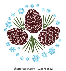 Cedar cones, needles and snowflakes are arranged in a circle. Color Vector Graphics