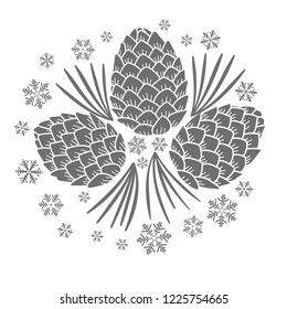 Cedar cones, needles and snowflakes are arranged in a circle. Vector graphics