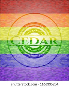 Cedar emblem on mosaic background with the colors of the LGBT flag