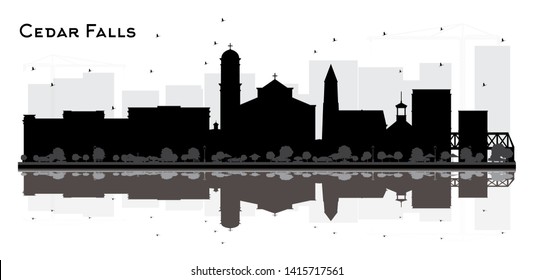 Cedar Falls Iowa City Skyline Silhouette mit schwarzen Gebäuden und Spiegelungen einzeln auf Weiß. Vektorgrafik. Tourismuskonzept mit historischer Architektur. Cedar Falls Cityscape mit Sehenswürdigkeiten.