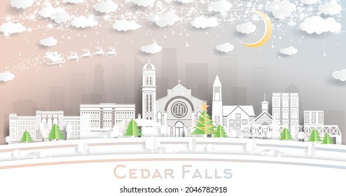 Cedar Falls Iowa City Skyline in Paper Cut Style with Snowflakes, Moon and Neon Garland. Vector Illustration. Christmas and New Year Concept. Santa Claus on Sleigh. Cedar Falls Cityscape Landmarks.