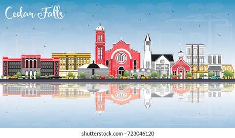 Cedar cae en el horizonte de Iowa con edificios de color, cielo azul y reflexiones. Ilustración vectorial. Ilustración de viajes de negocios y turismo con arquitectura histórica.