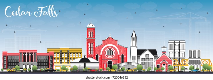 Cedar Falls Iowa Skyline with Color Buildings and Blue Sky. Vector Illustration. Business Travel and Tourism Illustration with Historic Architecture.