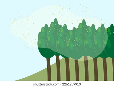 Cedar forests, mountains, and sky sending out pollen