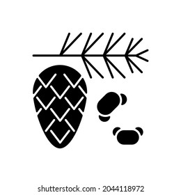 Cedar and pine tree pollen black glyph icon. Branch with needles, fir cone. Common seasonal allergen. Allergy for plant. Silhouette symbol on white space. Vector isolated illustration