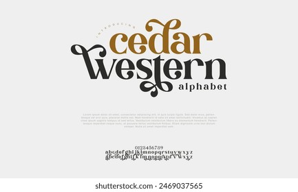 Cedar premium luxury elegant alphabet letters and numbers. Vintage wedding typography classic serif font decorative vintage retro. creative vector illustration