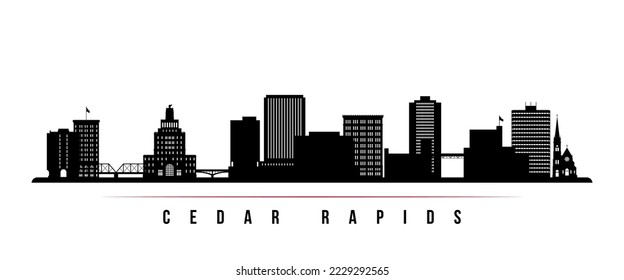 Banner horizontal en el horizonte de Cedar Rapids. Silueta blanca y negra de Cedar Rapids, Iowa. Plantilla de vectores para su diseño. 