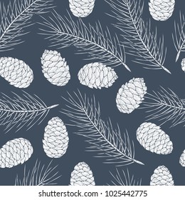 Cedar. White silhouette on a blue background. A cone, a branch, needles. Texture. Seamless.
