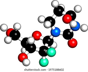 Cedazuridine drug molecule. 3D rendering. Atoms are represented as spheres with conventional color coding: hydrogen (white), carbon (black), nitrogen (blue), oxygen (red), fluorine (teal).