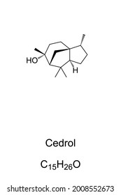 Cedrol, chemical formula and skeletal structure. Organic compound, found in the essential oil of conifers, cedar oil, especially in cypress and juniper, used as aroma compounds. Illustration. Vector.
