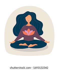 Ceep calm concept. Young woman sitting in lotos pose, home yoga. Vector illustration in flat style for graphic and web design.