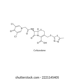 Cefazedone flat skeletal molecular structure 1st generation Cephalosporin drug used in bacterial infection treatment. Vector illustration.