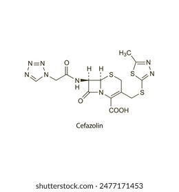 Cefazolin flat skeletal molecular structure 1st generation Cephalosporin drug used in bacterial infection treatment. Vector illustration scientific diagram.