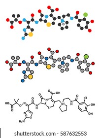 Cefiderocol antibiotic drug molecule (cephalosporin class). Conventional skeletal formula and stylized representations.