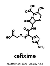 Cefixime antibiotic drug molecule (cephalosporin, third generation). Skeletal formula.