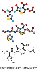 Cefotaxime antibiotic drug molecule (cephalosporin, third generation). Stylized 2D renderings and conventional skeletal formula. 