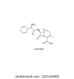 Cefradine flat skeletal molecular structure 1st generation Cephalosporin drug used in bacterial infection treatment. Vector illustration.