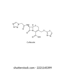 Ceftezole flat skeletal molecular structure 1st generation Cephalosporin drug used in bacterial infection treatment. Vector illustration.