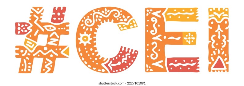 CEI Hashtag. Isolated text with national ethnic ornament. Patterned Popular Hashtag #CEI for social network, web resources, mobile app, games, clothing, t-shirt, banner, adv. Stock vector image
