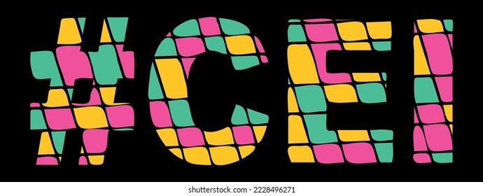CEI Hashtag. Tricolor isolated letters from contrast flowing fluid shapes. Popular Hashtag #CEI for social networks, Adult web resources, mobile applications, t-shirts. Stock vector