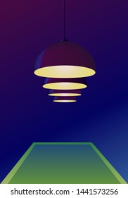 Ceiling bulbs hang and shine yellow light over a pool green table in vector. Dark blue background. Poster invitation template for a billiard game championship.