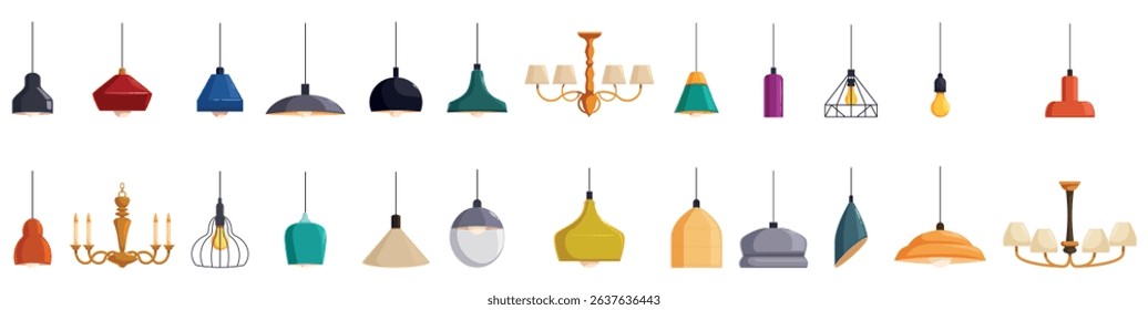 Ceiling chandelier icons set. Various styles of ceiling lights hanging in a row