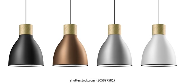 Ceiling cone lamp vector set in black, brass, silver, and white colors. Elegant hang chandelier light vector illustration, isolated on white background.