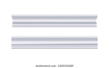 Ceiling cornice. White molding. Can be used to decorate any interior as an artistic element on house walls, ceilings, smooth surfaces. Realistic vector illustration isolated on white background.