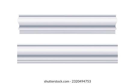 Ceiling cornice. White molding. Can be used to decorate any interior as an artistic element on house walls, ceilings, smooth surfaces. Realistic vector illustration isolated on white background.