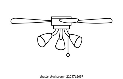 Ceiling fan chandelier with three lamps hand drawn outline vector illustration. Isolated on white background