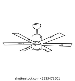 Ceiling fan. Cooling air conditioning unit in hot weather. Black and white vector isolated illustration hand drawn. Outline doodle