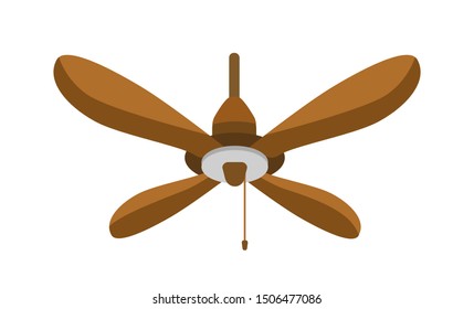 Ceiling fan flat vector illustration. Hanging wooden spinning propeller. Summer hot air cooling tool isolated on white background. Weather control appliance. Air conditioning household equipment.