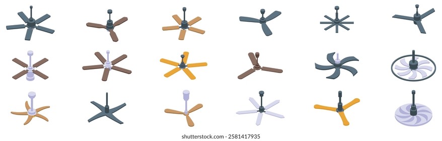  Ceiling fan icons set. Collection of ceiling fans with different blade numbers, colors, and styles, providing cooling and air circulation