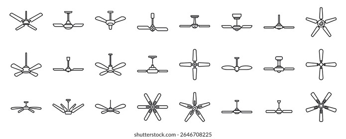 Ceiling fan icons set. Various ceiling fans are depicted, highlighting their diverse designs and blade configurations, emphasizing their role in circulating air and providing cooling comfort