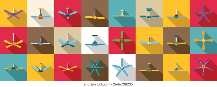 Conjunto de ícones de ventilador de teto. Vários ventiladores de teto estão girando, oferecendo uma variedade de estilos e cores para atender diferentes preferências e designs de interiores