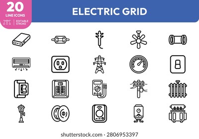 Ceiling fan, wall socket, circuit breaker, utility pole, power meter, electric heater, transformer, and electrical panel icons for energy infrastructure and home wiring designs.