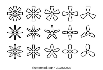 Ceiling fans. Top view. Home electric ventilators. Fan blades and propellers. Vector line icon set. 