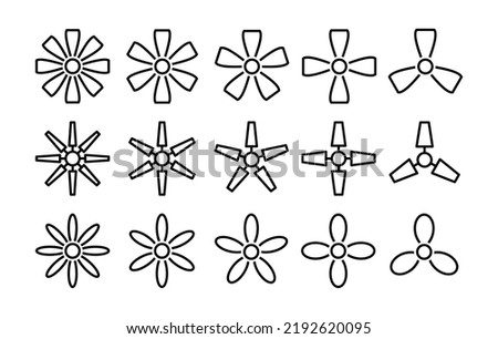 Ceiling fans. Top view. Home electric ventilators. Fan blades and propellers. Vector line icon set. 