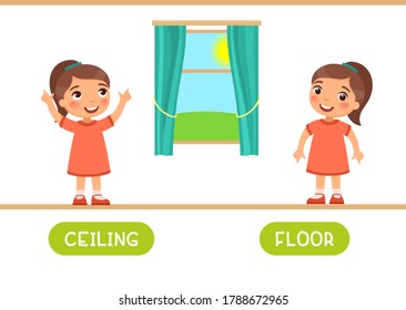 Ceiling and floor antonyms word card vector template. Flashcard for english language learning. Little girl points up and points down.