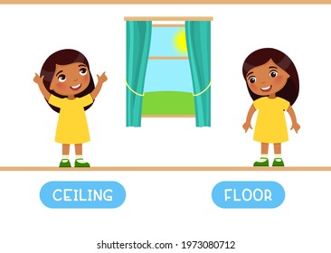 Ceiling and floor antonyms word card, opposites concept. Flashcard for English language learning. Little Indian girl points up and other dark skin child points down. 